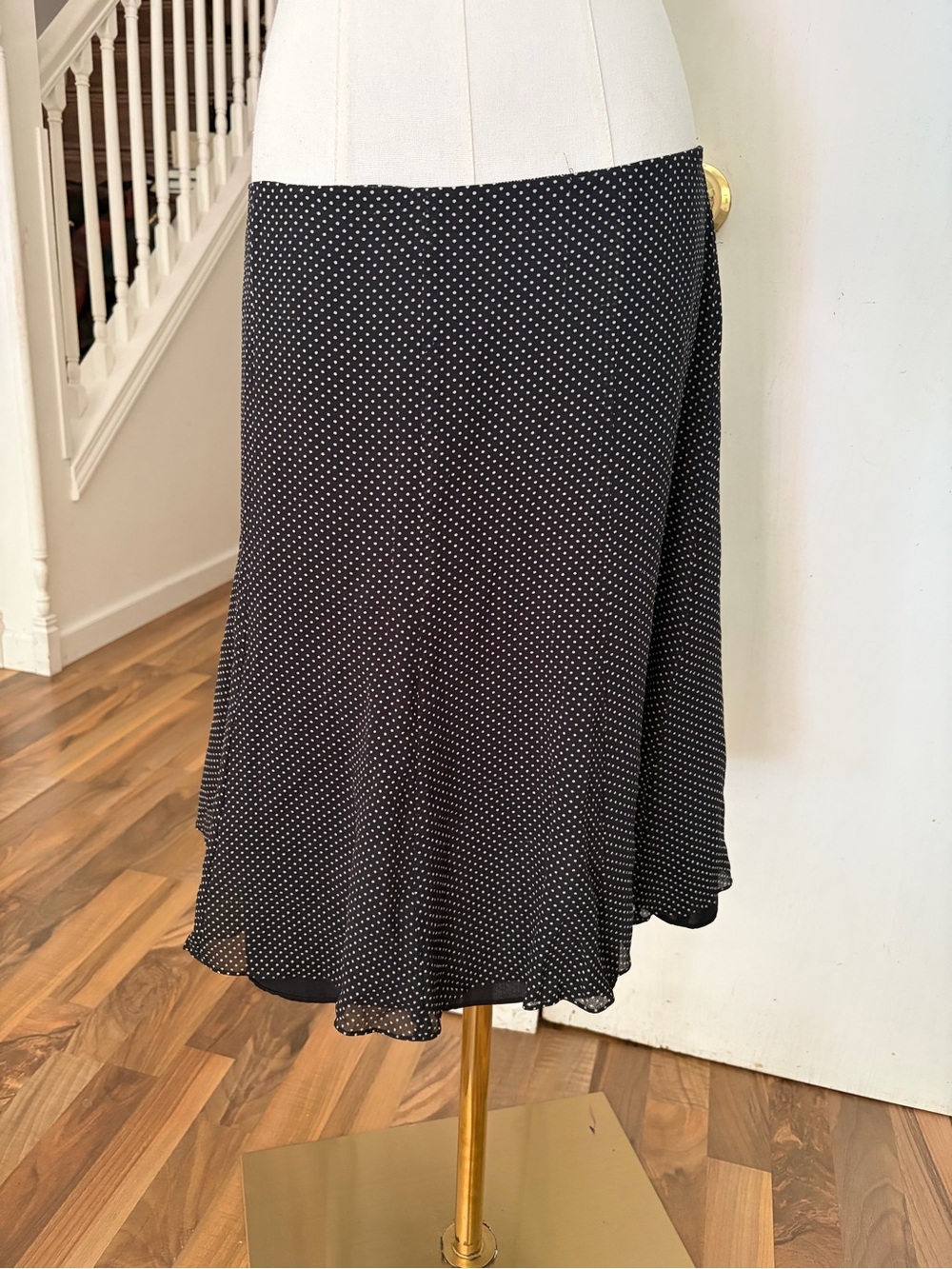 Y2K Silk A-Line Black & White Polka Dots Skirt, Knee Length, Size 8, EUC